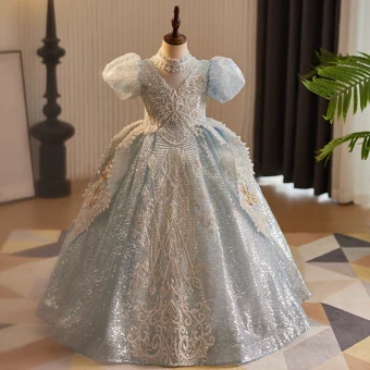 Charming Sparkly Sky Blue Beading Pearl Sequins Flower Girl Dresses 2024 Ball Gown High Neck Short Sleeve Backless Floor Length Long Birthday