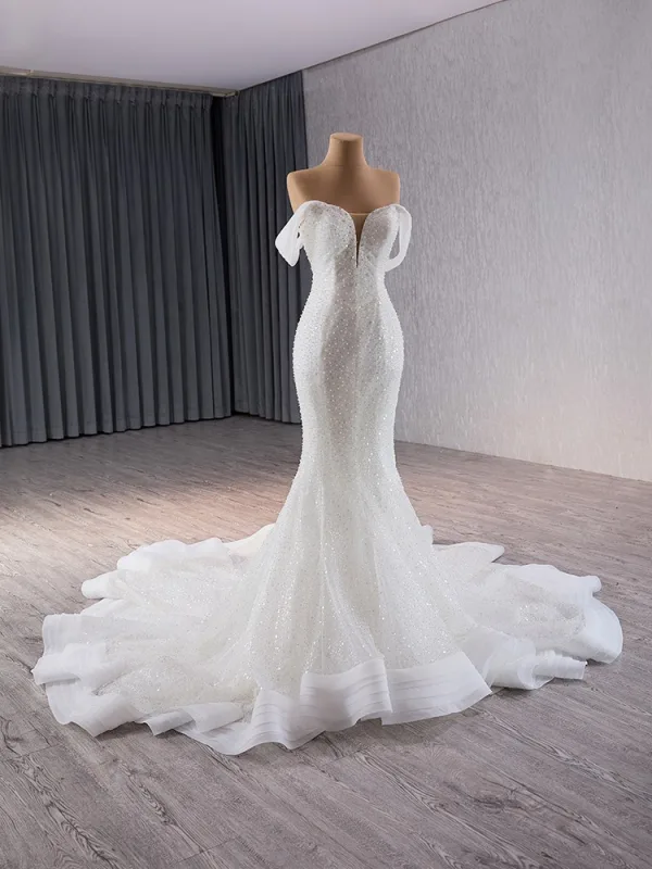 High End Sexy Weiß Perlenstickerei Perle Pailletten Brautkleider / Hochzeitskleider 2024 Ballkleid Bandeau Ärmellos Rückenfreies Kapelle-Schleppe Hochzeit