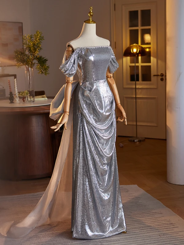 Scintillantes Argenté Paillettes Robe De Soirée Trompette / Sirène 2024 De l'épaule Sans Manches Dos Nu Noeud Longue Soirée Robe De Ceremonie