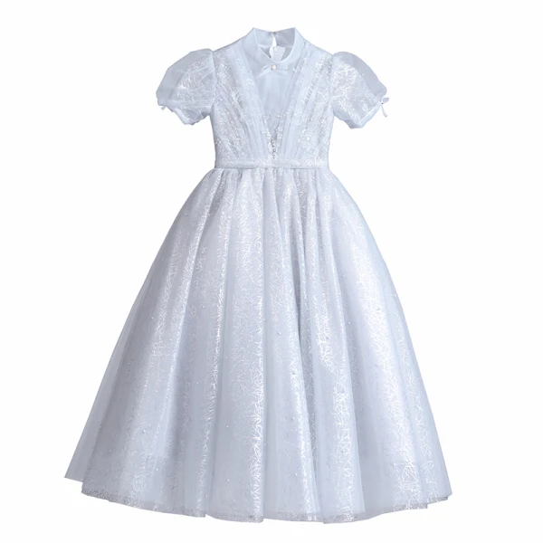 Chic / Beautiful Grey Glitter Pearl Sequins Flower Girl Dresses 2022 Ball Gown High Neck Puffy Short Sleeve Floor-Length / Long Prom Flower Girl Dresses
