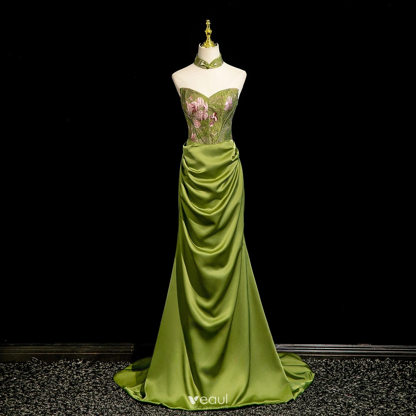 Chinese style Sage Green Printing Evening Dresses 2025 Trumpet / Mermaid Strapless Sleeveless Backless Sweep Train Evening Party Formal Dresses Chinese style Sage Green Printing Evening Dresses 2025 Trumpet / Mermaid Strapless Sleeveless Backless Sweep Train Evening Party Formal Dresses