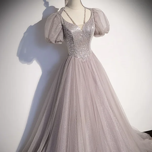 Chic / Beautiful Grey Prom Dresses 2022 A-Line / Princess U-Neck Puffy Short Sleeve Sequins Floor-Length / Long Formal Dresses