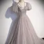 Chic / Beautiful Grey Prom Dresses 2022 A-Line / Princess U-Neck Puffy Short Sleeve Sequins Floor-Length / Long Formal Dresses