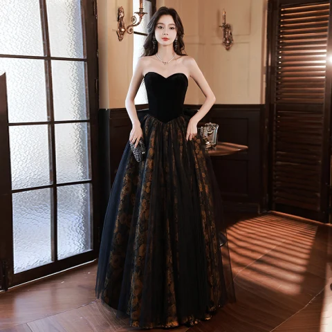 Sexy Black Evening Dresses 2023 A-Line / Princess Strapless Sleeveless Backless Bow Floor-Length / Long Evening Party Formal Dresses
