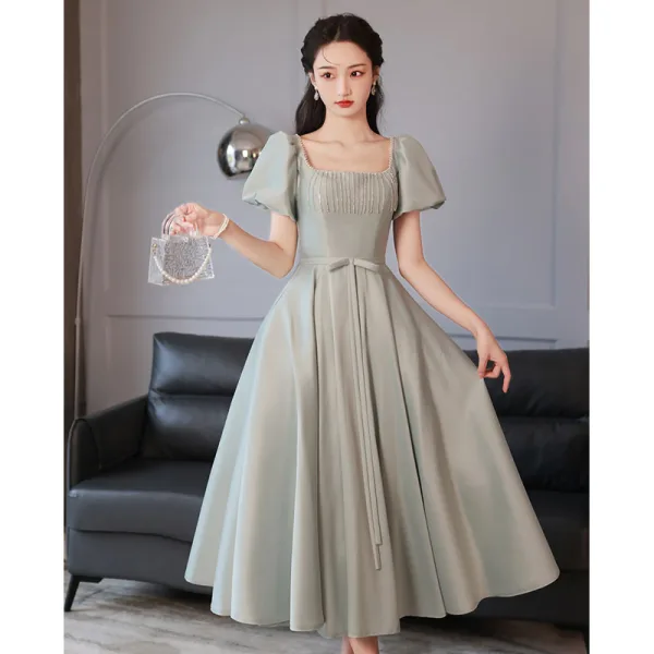 Modest / Simple Sage Green Homecoming Graduation Dresses 2022 A-Line / Princess Satin High Neck Beading Tassel Short Sleeve Backless Sash Bow Floor-Length / Long Formal Dresses