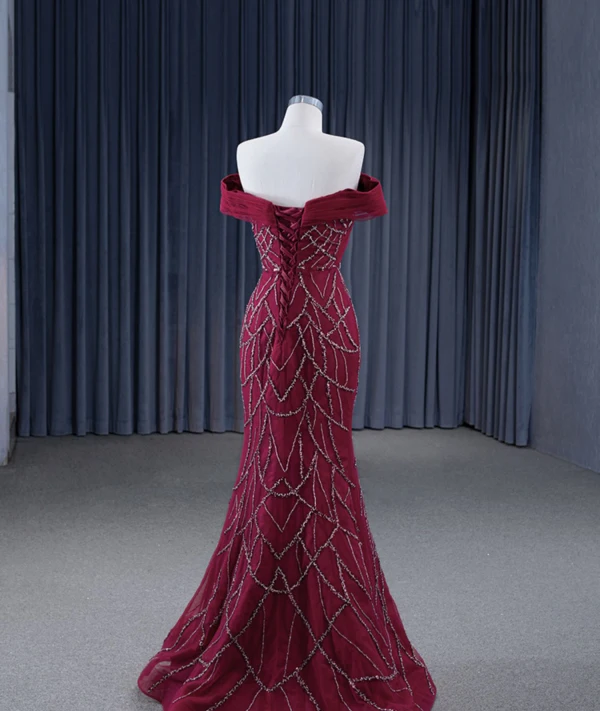 High-end Burgundy Handmade  Beading Evening Dresses 2024 Trumpet / Mermaid Off-The-Shoulder Short Sleeve Backless Court Train Evening Party Formal Dresses