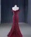 High-end Burgundy Handmade  Beading Evening Dresses 2024 Trumpet / Mermaid Off-The-Shoulder Short Sleeve Backless Court Train Evening Party Formal Dresses