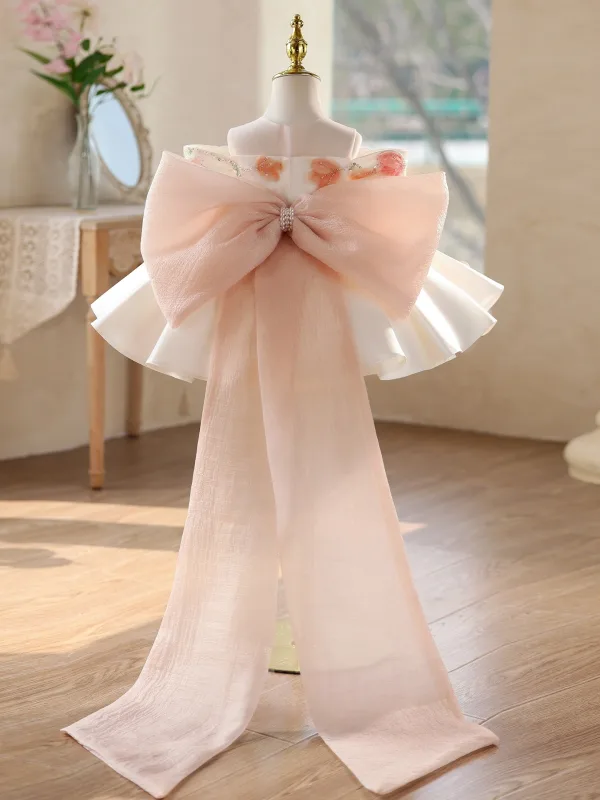 Flower Fairy White Beading Pearl Appliques Sequins Short Bow Birthday Flower Girl Dresses 2026 Ball Gown Off-The-Shoulder Short Sleeve
