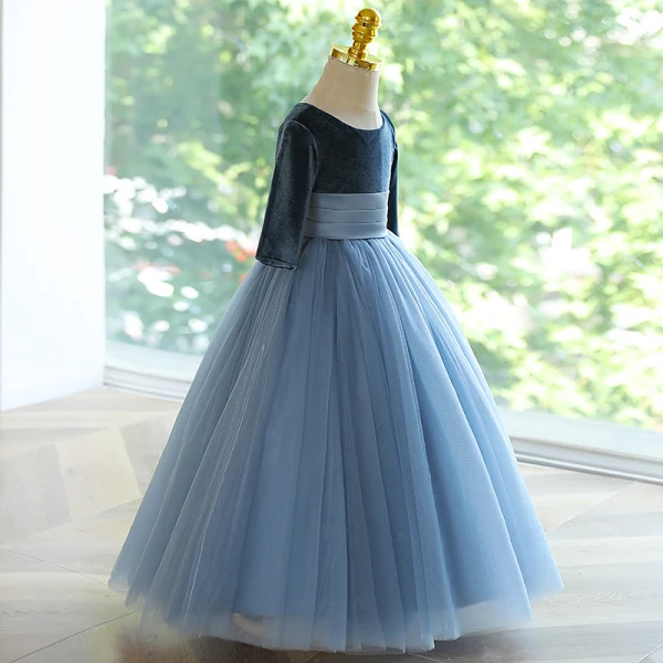 Modest / Simple Navy Blue Wedding Flower Girl Dresses 2023 Ball Gown Scoop Neck Short Sleeve Bow Floor-Length / Long Flower Girl Dresses