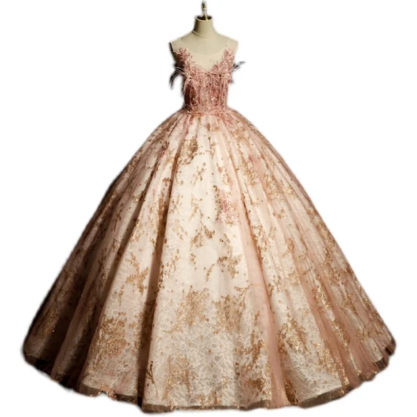 Elegant Blushing Pink Prom Dresses 2023 Ball Gown Scoop Neck Beading Rhinestone Sequins Lace Flower Tassel Sleeveless Backless Floor-Length / Long Formal Dresses