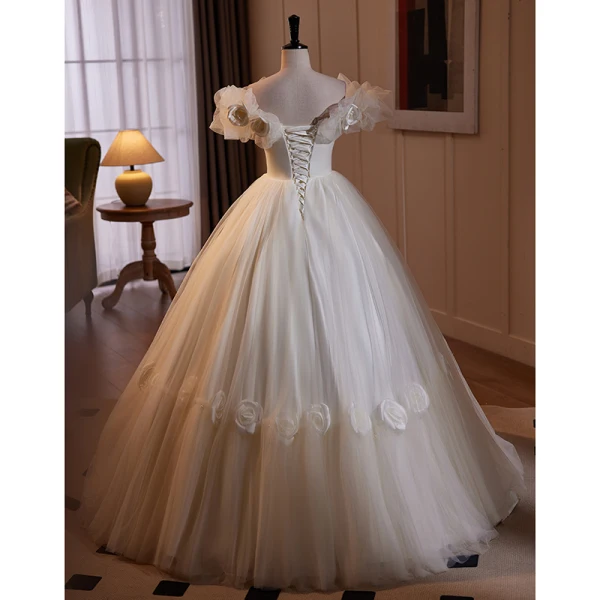 Schöne Weiß Applikationen Leichtes Brautkleider / Hochzeitskleider 2024 Ballkleid Off Shoulder Ärmellos Rückenfreies Lange Hochzeit