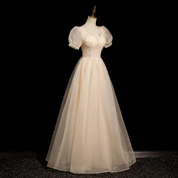 Élégant Gris Perlage Paillettes Robe De Bal 2023 Princesse Encolure Carrée Gonflée Manches Courtes Dos Nu Longue Promo Robe De Ceremonie