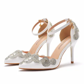 Chic Belle Blanche Faux Diamant Bride Cheville Chaussure De Mariée 2023 9 Cm Talons Aiguilles À Bout Pointu Mariage Talons Hauts