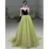 Chic / Beautiful Sage Green Prom Dresses 2023 A-Line / Princess Spaghetti Straps Sleeveless Backless Sweep Train Prom Formal Dresses