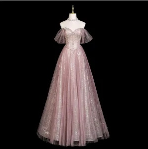 Sjarmerende Bling Bling Rødmende Rosa Beading Rhinestone Paljetter Ballkjoler 2025 Prinsesse Av Skulderen Korte Ermer Ryggløse Lange Ball Formelle Kjoler