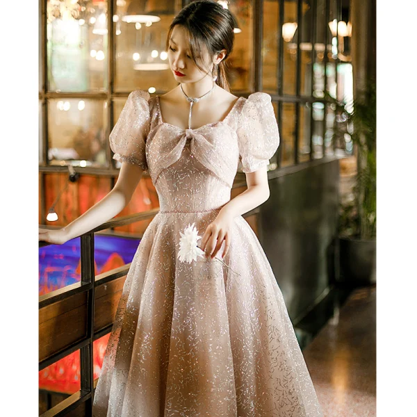 Charmant Rougissant Rose Paillettes Robe De Bal 2022 Princesse Encolure Carrée Gonflée Manches Courtes Dos Nu Longue Promo Robe De Ceremonie