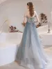 Stunning Sky Blue Prom Dresses 2021 A-Line / Princess Scoop Neck Sleeveless Glitter Ruffle Tulle Floor-Length / Long Evening Party Formal Dresses