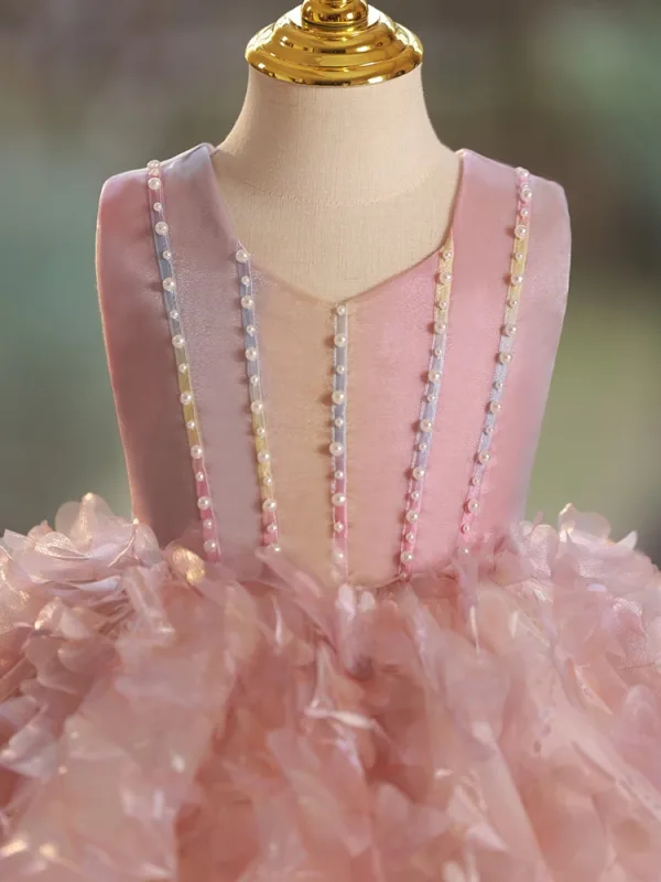 Lovely Blushing Pink Pearl Appliques Short Birthday Flower Girl Dresses 2024 Ball Gown Scoop Neck Sleeveless Backless