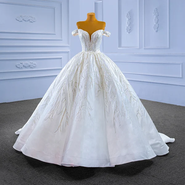 High End Weiß Perlenstickerei Pailletten Brautkleider / Hochzeitskleider 2022 Ballkleid Off Shoulder Ärmellos Rückenfreies Lange Hochzeit