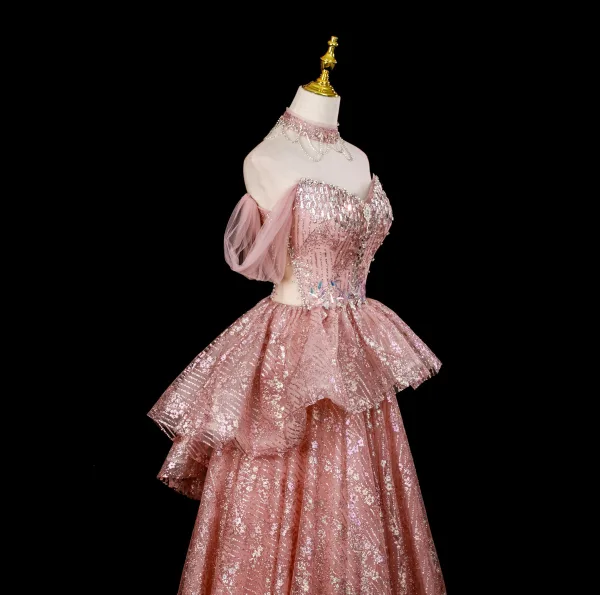 Glitzernden Sexy Pink Perlenstickerei Strass Pailletten Abendkleider 2025 A Linie Off Shoulder Kurze Ärmel Rückenfreies Lange Festliche Kleider