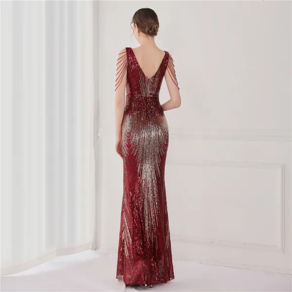 Scintillantes Blanche Paillettes Robe De Soirée 2022 Trompette / Sirène V-Cou Perlage Gland Sans Manches Dos Nu Longue Soirée Robe De Ceremonie