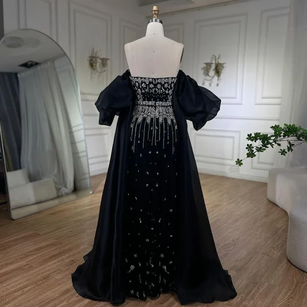 High-end Black Rhinestone Prom Dresses 2024 Empire Strapless Puffy Short Sleeve Backless