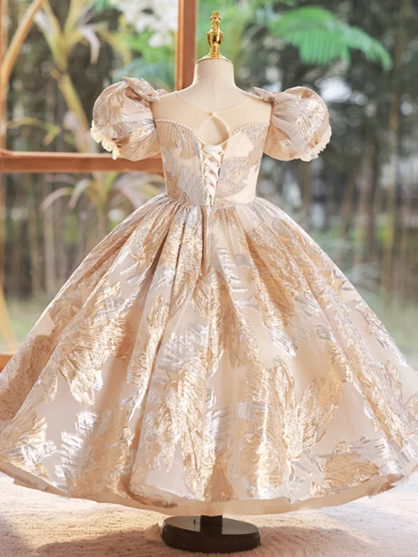 Bling Bling Gold Glitter Printing Pearl Birthday Flower Girl Dresses 2024 Ball Gown Scoop Neck Puffy Short Sleeve Backless Floor-Length / Long