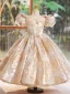 Bling Bling Gold Glitter Printing Pearl Birthday Flower Girl Dresses 2024 Ball Gown Scoop Neck Puffy Short Sleeve Backless Floor-Length / Long