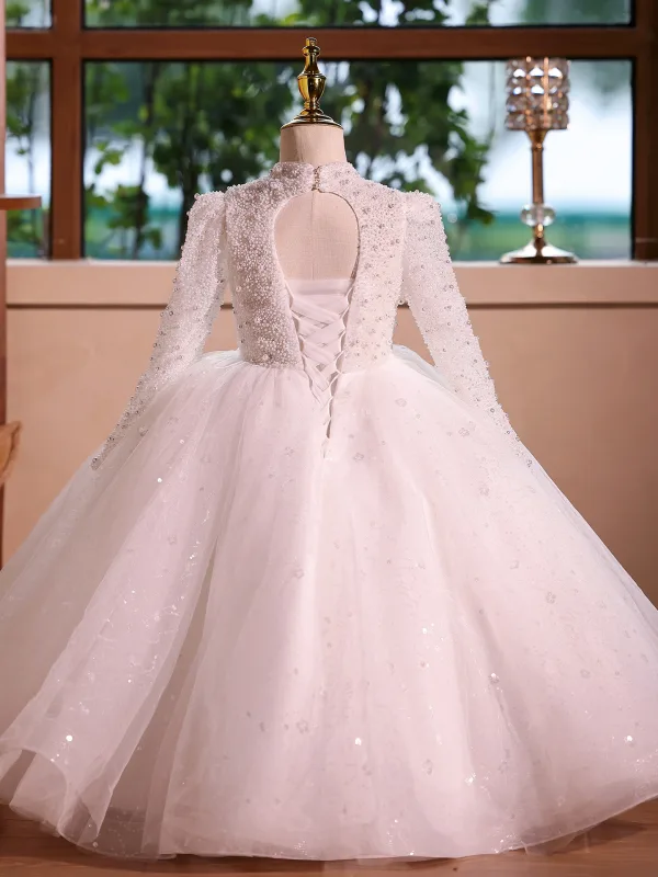 Elegant White Pearl Sequins Short Birthday Flower Girl Dresses 2025 Ball Gown High Neck Long Sleeve Backless
