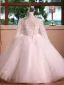 Elegant White Pearl Sequins Short Birthday Flower Girl Dresses 2025 Ball Gown High Neck Long Sleeve Backless