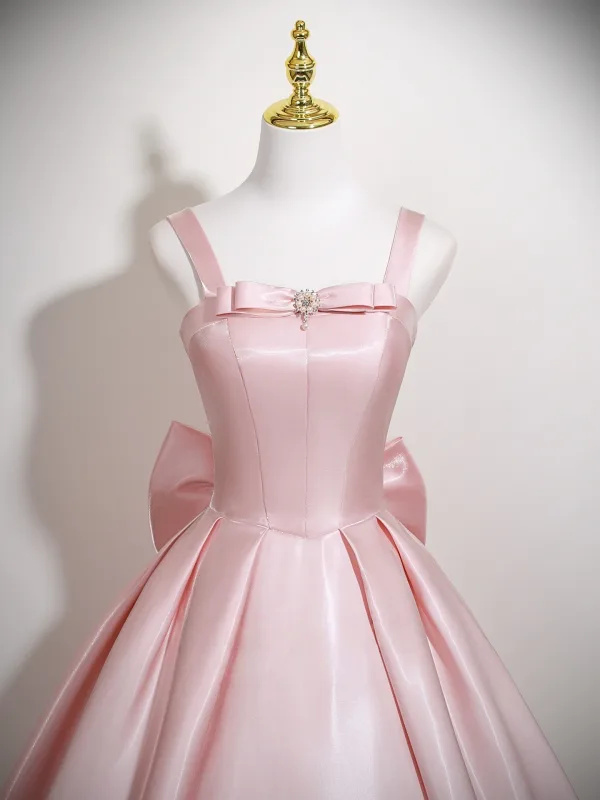 Schön Rosa Satin Ballkleider 2025 Ballkleid Eckiger Ausschnitt Ärmellos Rückenfreies Schleife Lange Festliche Kleider