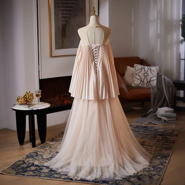 Fashion Blushing Pink Bow Sash Prom Dresses 2025 A-Line / Princess Scoop Neck Sleeveless Backless Sweep Train Formal Dresses