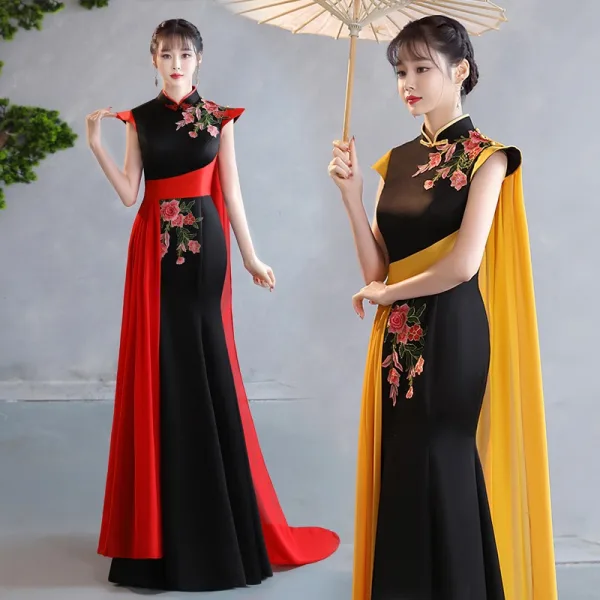 Chinese style Black Gold Lace Flower Evening Party Cheongsam 2025 Trumpet / Mermaid High Neck Cap Sleeves Floor-Length / Long Cheongsam / Qipao