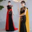 Chinese style Black Gold Lace Flower Evening Party Cheongsam 2025 Trumpet / Mermaid High Neck Cap Sleeves Floor-Length / Long Cheongsam / Qipao