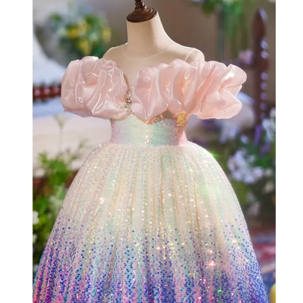 Mode Dégradé De Couleur Paillettes Anniversaire Longue Robe Ceremonie Fille 2025 Robe Boule Encolure Dégagée Manches Courtes Dos Nu