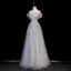 Sexy Grey Beading Pearl Rhinestone Prom Dresses 2023 A-Line / Princess Off-The-Shoulder Short Sleeve Backless Floor-Length / Long Prom Formal Dresses