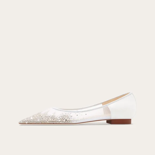 Chic / Beautiful White Rhinestone Flat Leather Wedding Shoes 2025 Wedding Pointed Toe Heels