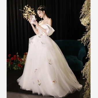 Charming White Lace Flower Wedding Dresses 2024 A Line Princess Off The Shoulder Short Sleeve Backless Floor Length Long