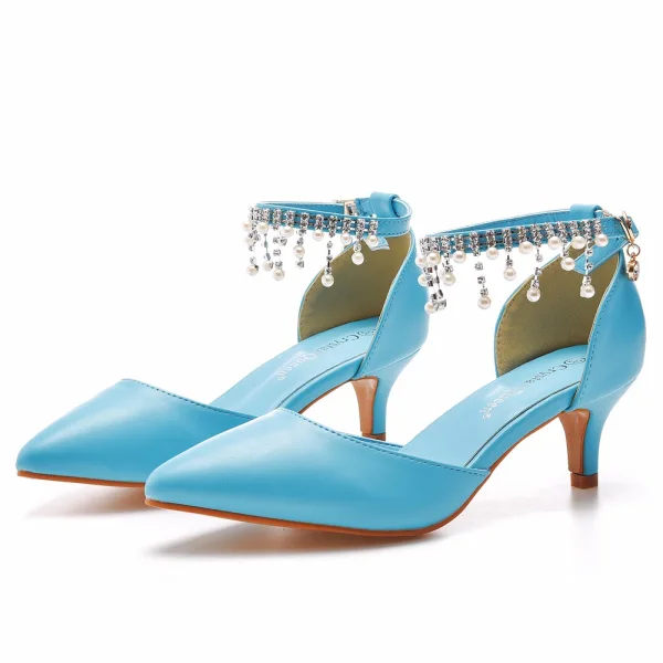 Chic / Beautiful Sky Blue Evening Party Womens Shoes 2023 Pearl Rhinestone Tassel Ankle Strap 5 cm Stiletto Heels Pointed Toe Womens Shoes High Heels