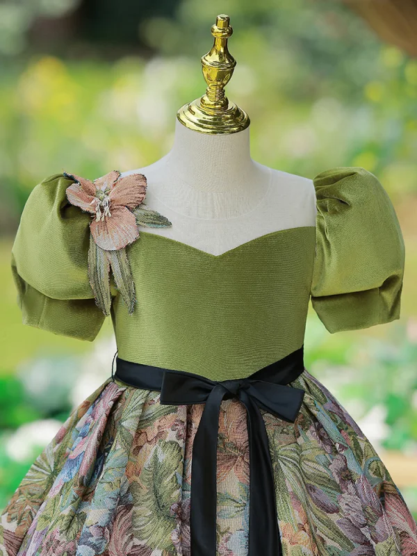 Chic / Belle Vert Cendré Impression Noeud Ceinture Anniversaire Robe Ceremonie Fille 2023 Princesse Encolure Carrée Gonflée Manches Courtes Longue