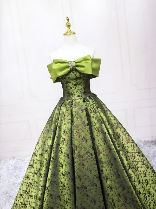 Vintage Salbeigrün Drucken Ballkleider Ballkleid 2025 Bandeau Schleife Ärmellos Rückenfreies Lange Ball Festliche Kleider