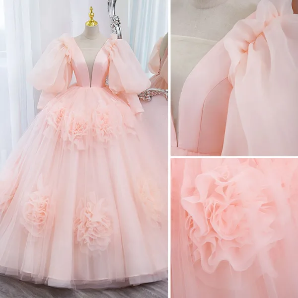 Schöne Rosa Blumen Ballkleider 2022 Ballkleid Eckiger Ausschnitt Geschwollenes 1/2 Ärmel Rückenfreies Sweep / Pinsel Zug Festliche Kleider