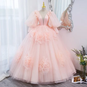 Chic Belle Rougissant Rose Fleur Robe De Bal 2022 Robe Boule Encolure Carrée Gonflée 1 2 Manches Dos Nu Train De Balayage Robe De Ceremonie