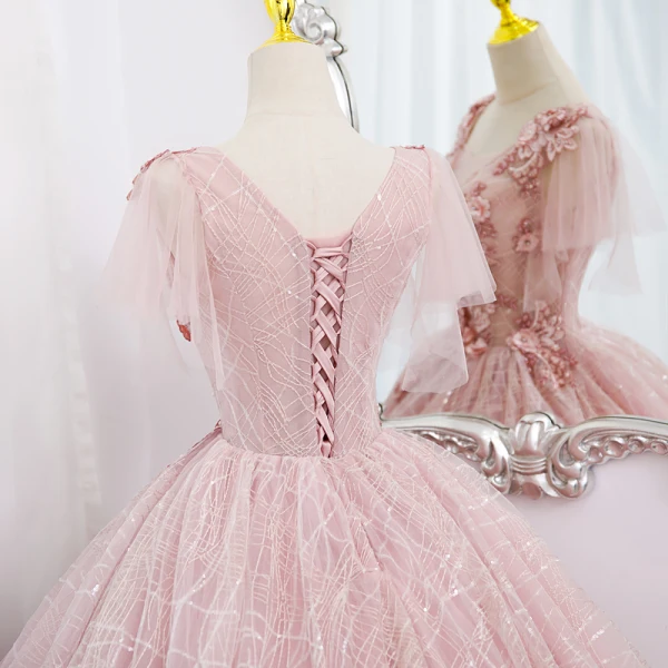 Elegante Blozen Roze Parel Kant Bloem Galajurken 2022 Baljurk Ronde Hals Korte Mouwen Ruglooze Lange Gala Gelegenheid Jurken