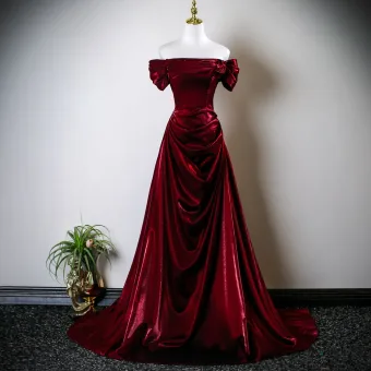 Sexy Burgundy Prom Dresses 2025 A Line Princess Off The Shoulder Short Sleeve Backless Sweep Train Prom Formal Dresses