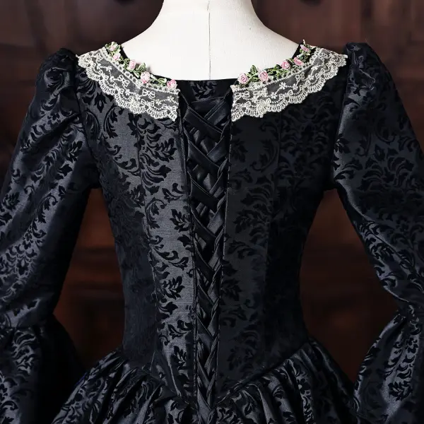 Vintage / Retro Medieval Black Halloween Lace Flower Printing Bow Prom Dresses 2026 Ball Gown Square Neckline Bell sleeves Floor-Length / Long Formal Dresses
