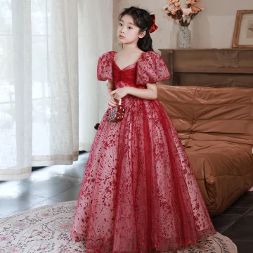 Chic Belle Rouge Paillettes Soirée Robe Ceremonie Fille 2022 Princesse V Cou Gonflée Manches Courtes Longue Robe Ceremonie Fille