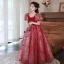 Chic / Beautiful Red Sequins Evening Party Flower Girl Dresses 2022 A-Line / Princess V-Neck Puffy Short Sleeve Floor-Length / Long Flower Girl Dresses