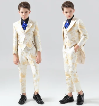 Fashion Yellow Printing 5 Piece Long Sleeve Boys Wedding Suits 2024 Coat Pants Shirt Tie Vest