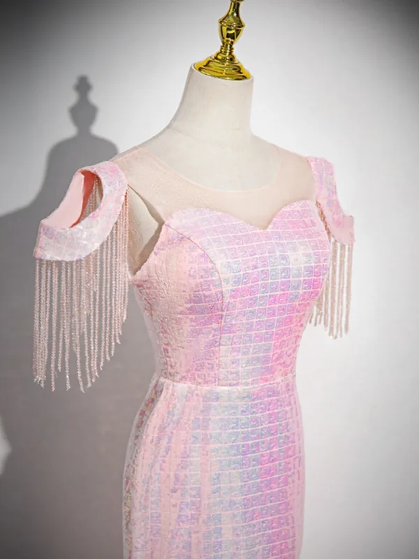 Sparkly Blushing Pink Sequins Beading Tassel Evening Dresses 2024 Trumpet / Mermaid Scoop Neck Short Sleeve Floor-Length / Long Evening Party Formal Dresses
